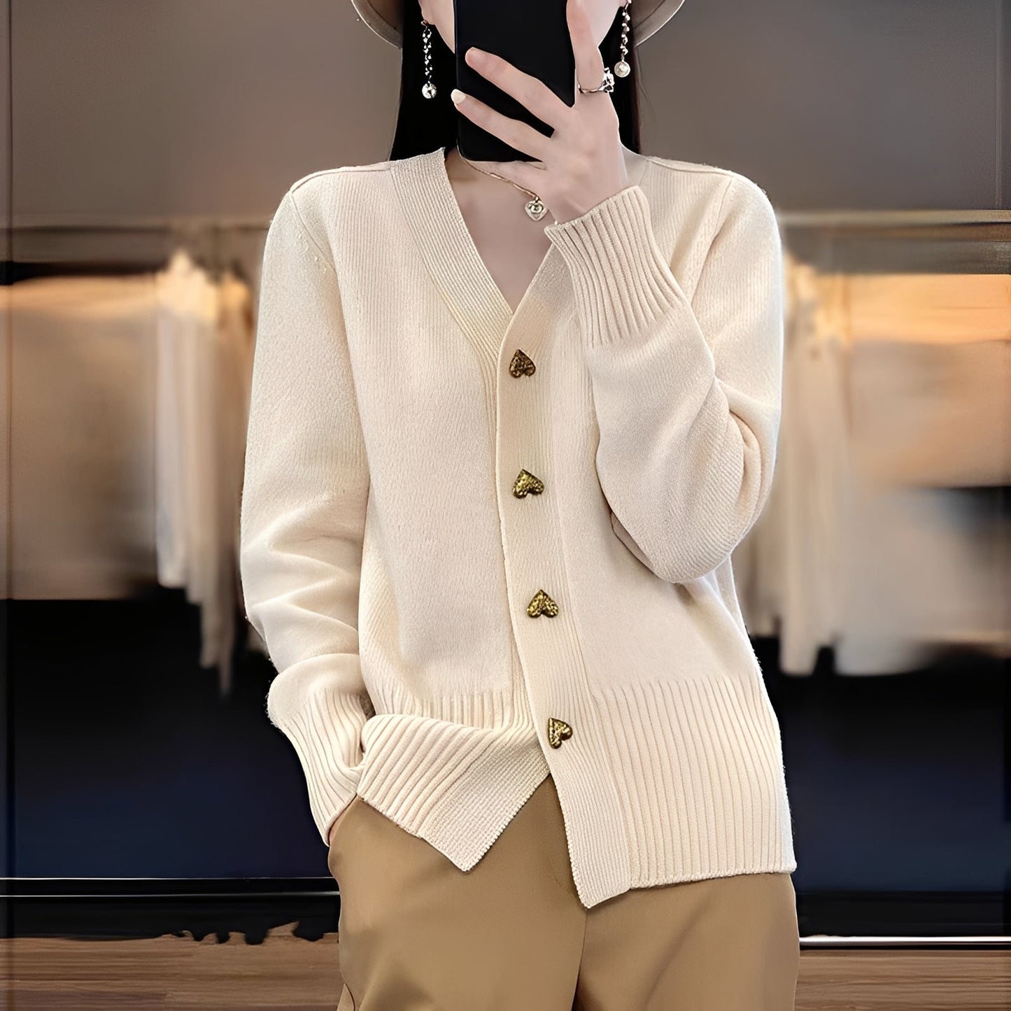 Women's Cardigan Heart Buttons Elegant