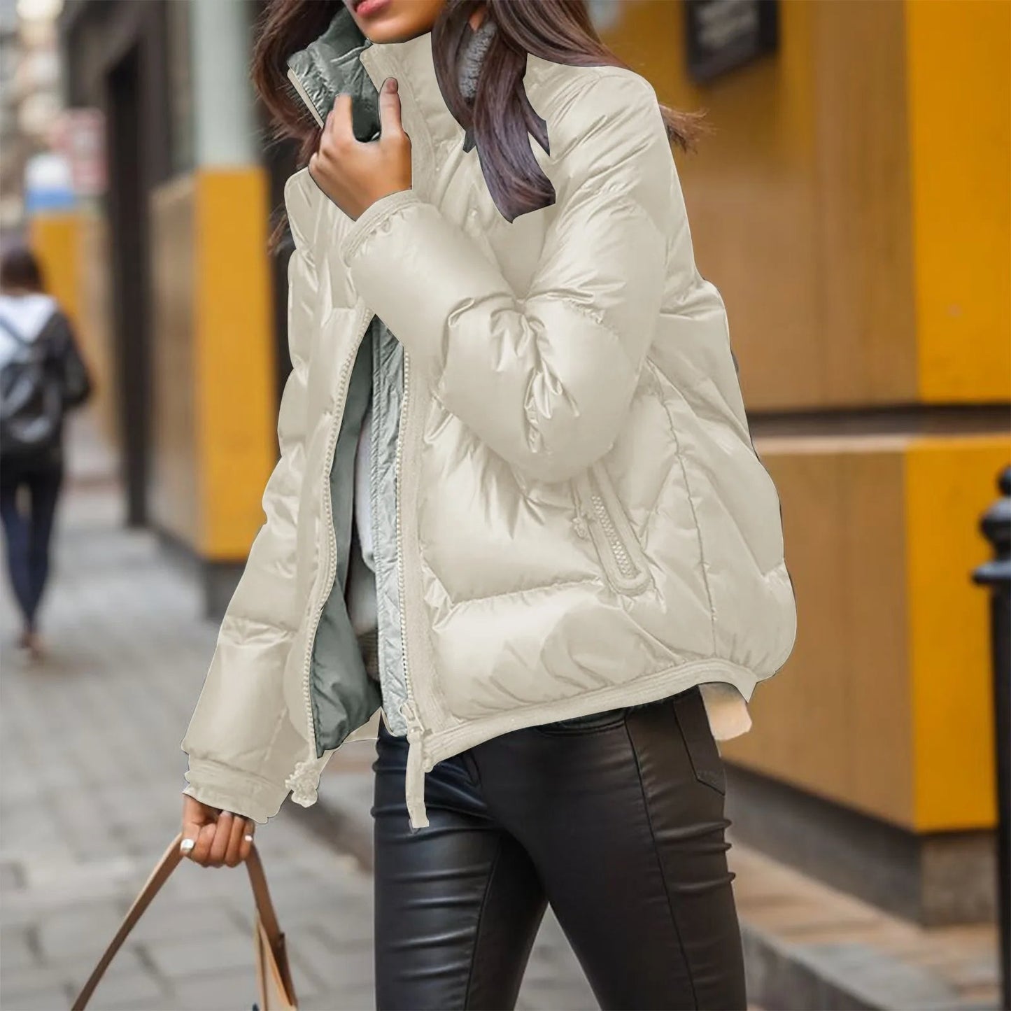Fashionable Quilted Jacket Shiny Black