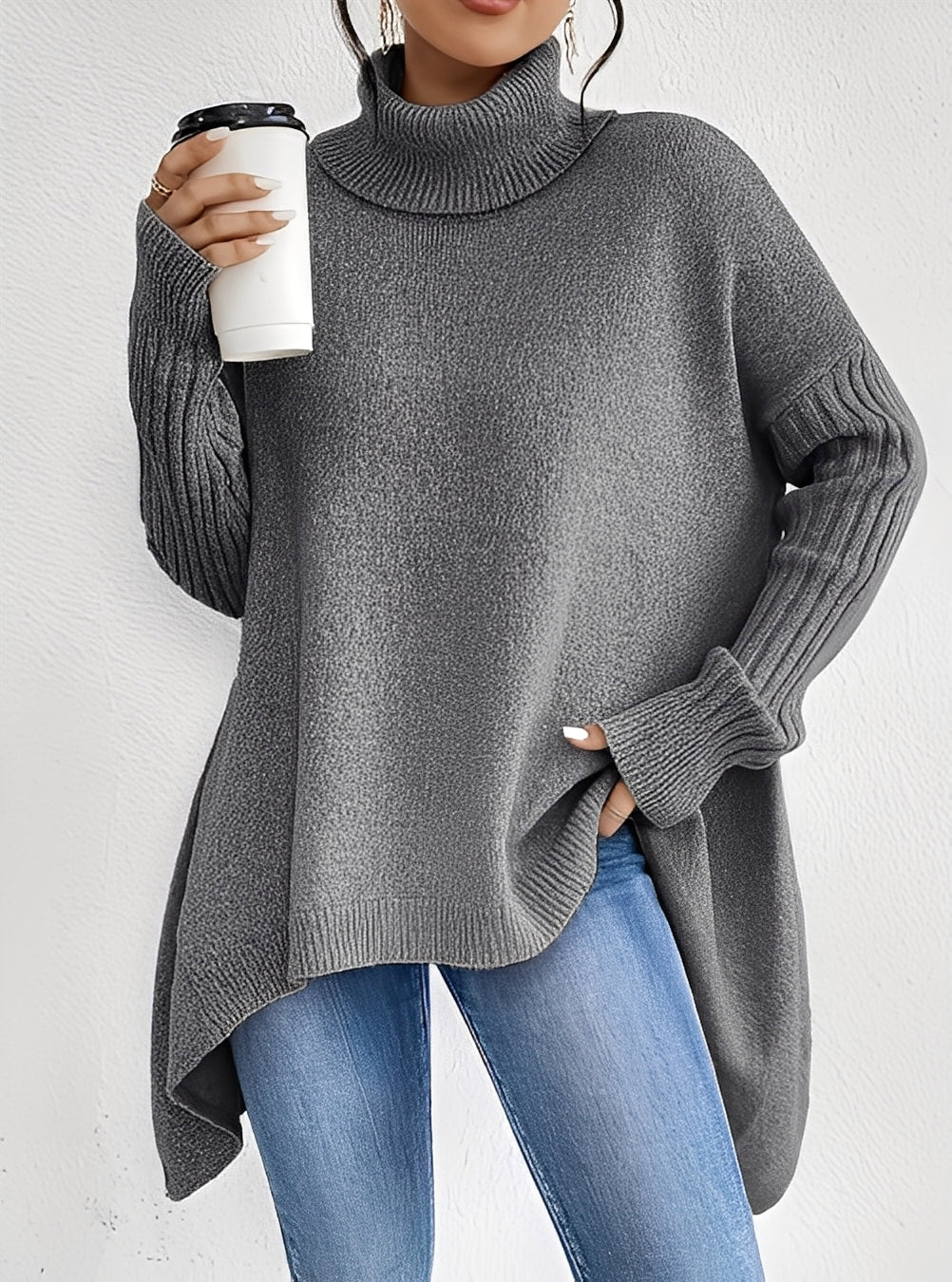 Elegante Damenpullover Lang Rollkragen Chic