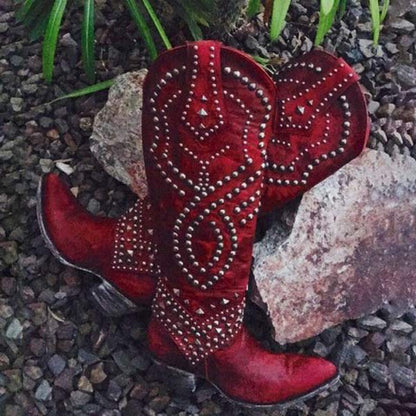 Stylish Women's High Metallic Stud Block Heel Boots