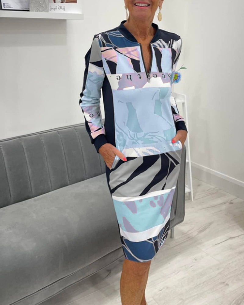 Dress With Long Sleeves and Color Block Design Pocket
