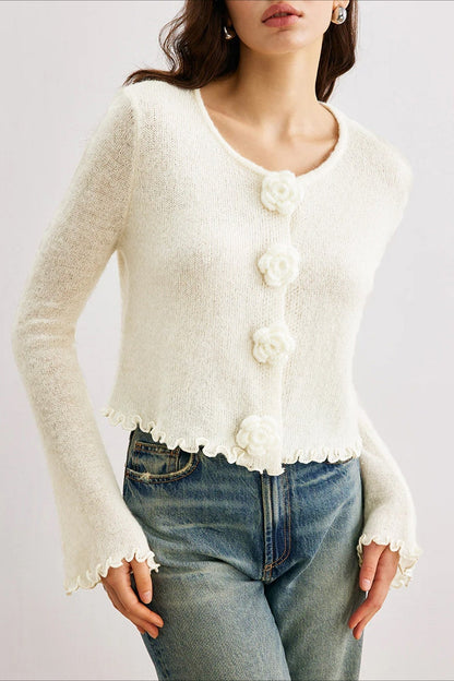Elegantes Kleid | Frauen Strickcardigan Blumenmuster Rüschen