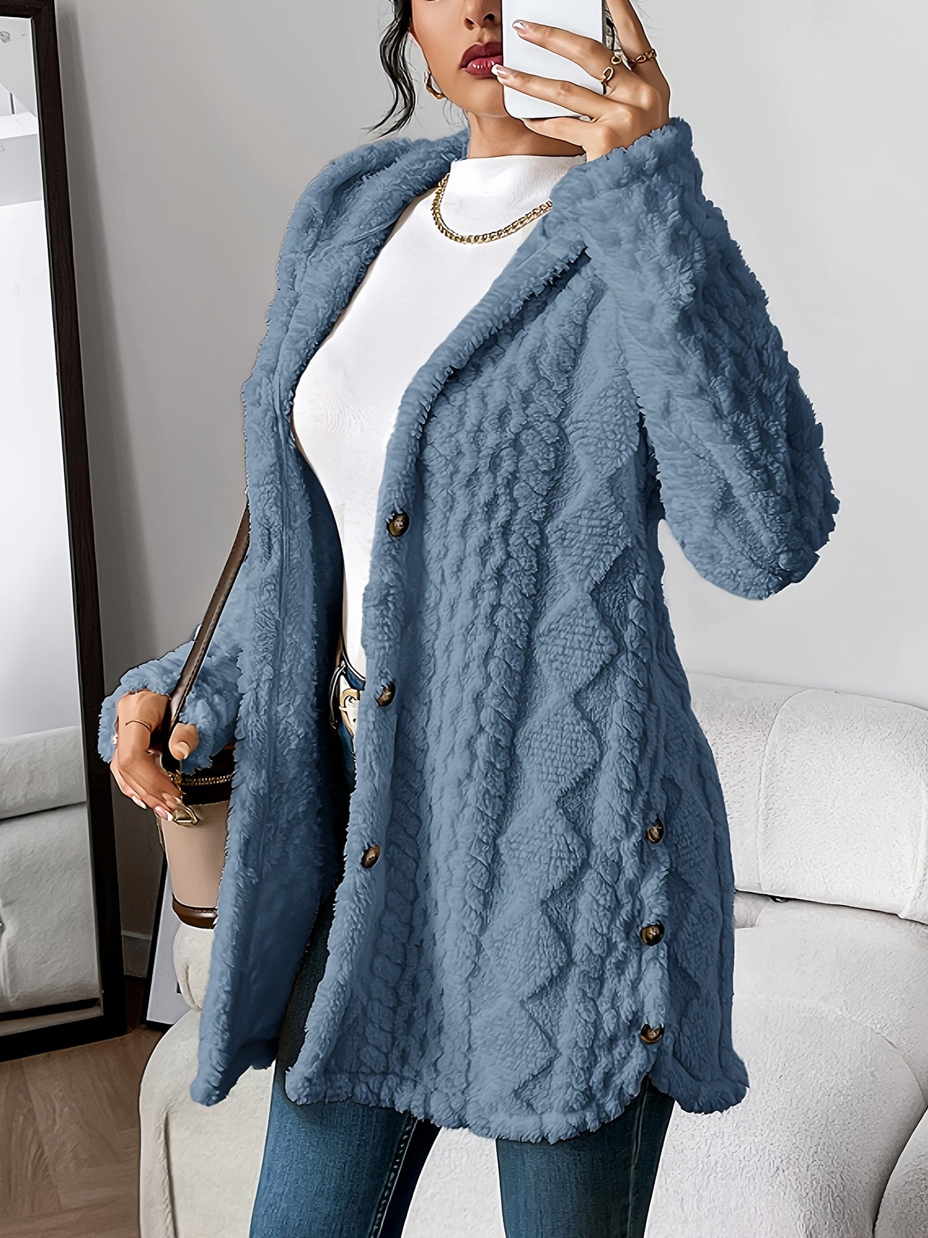 Women's Long Winter Jacket Hood Buttons
