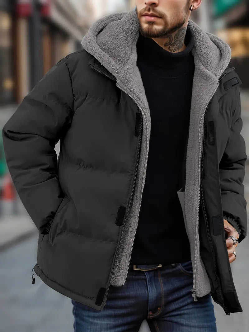 Men's Puffer Jacket Hood Warm Fleece Outdoor