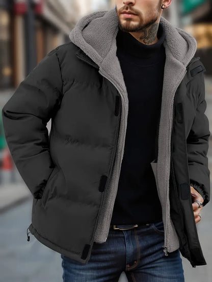 Men's Puffer Jacket Hood Warm Fleece Outdoor