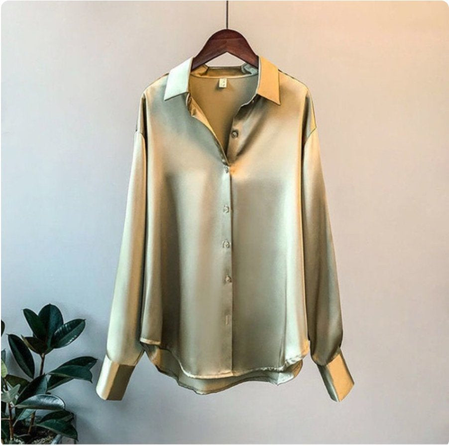 Elegant Satin Blouse Plus Size Button Closure
