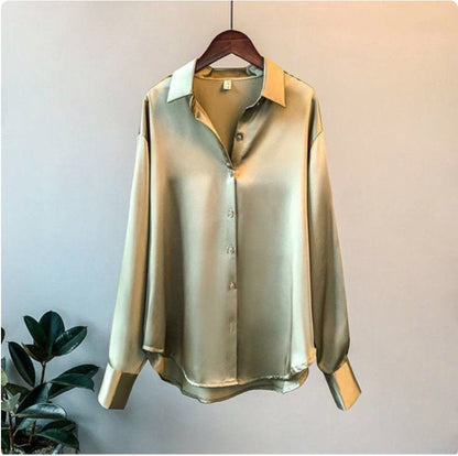 Elegant Satin Blouse Plus Size Button Closure