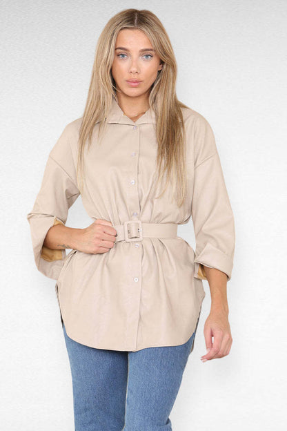 Elegant faux leather women's dress with belt