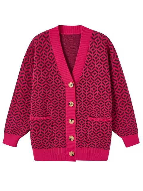 Stylish Knitted Cardigan Geometric Pattern Buttons