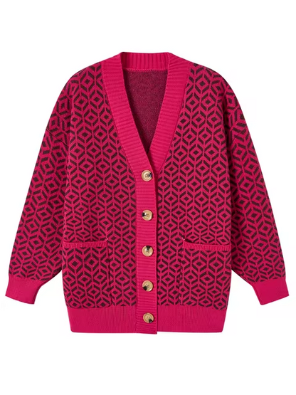 Stylish Knitted Cardigan Geometric Pattern Buttons