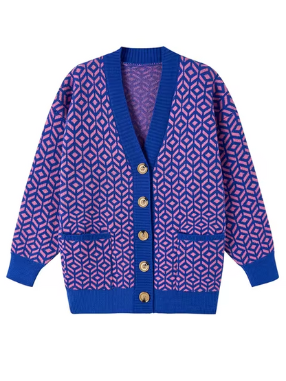 Stylish Knitted Cardigan Geometric Pattern Buttons