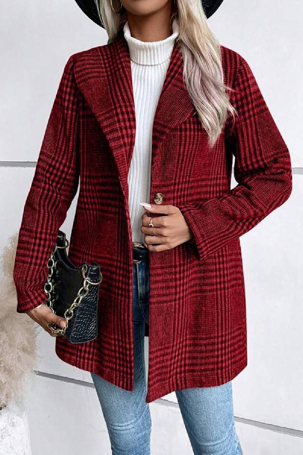 Elegant Long Sleeve Jacket Plaid Collar Women