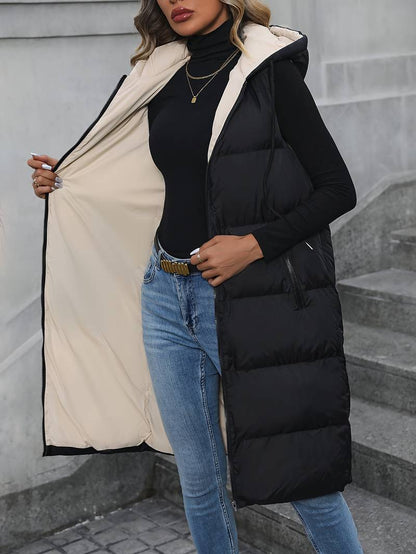 Women's Long Vest Hooded Jacket Zipper