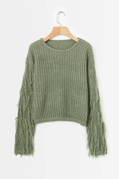 Fashionable Women's Pullover Chunky Knit Fringe Sleeves
