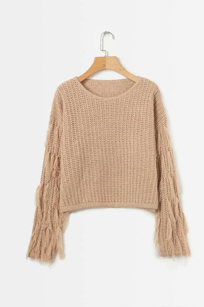 Fashionable Women's Pullover Chunky Knit Fringe Sleeves