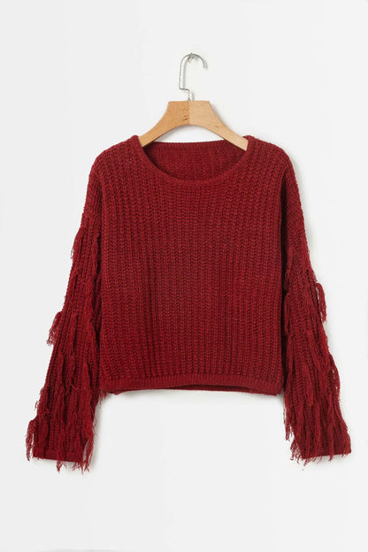 Fashionable Women's Pullover Chunky Knit Fringe Sleeves