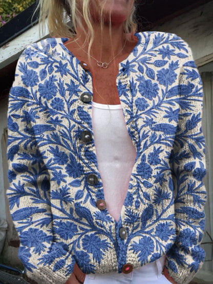 Blumen Strickjacke Damen Knöpfe Elegant - IdealeKleiden