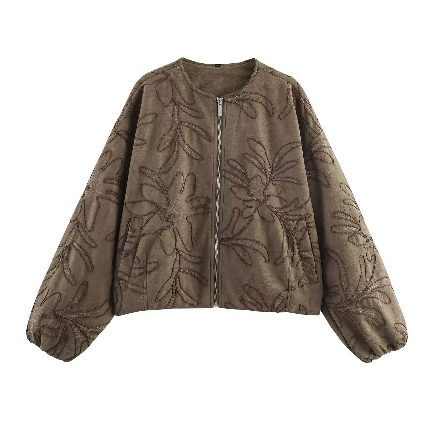 Stylish Bomber Jacket Suede Look with Embroidery