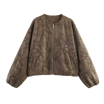 Stylish Bomber Jacket Suede Look with Embroidery