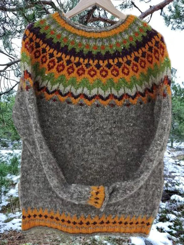 Vintage Grauer Rundhals Pullover Isländisch - IdealeKleiden