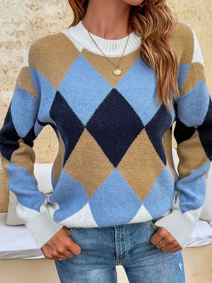 Stylischer Karo Pullover Runder Hals Elegante Damenkleidung - IdealeKleiden