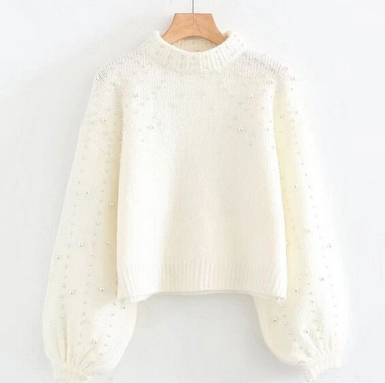 Women's Sweater Glitter Beaded Details Loose Sleeves