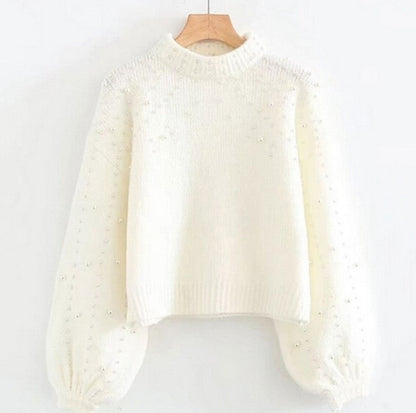 Women's Sweater Glitter Beaded Details Loose Sleeves
