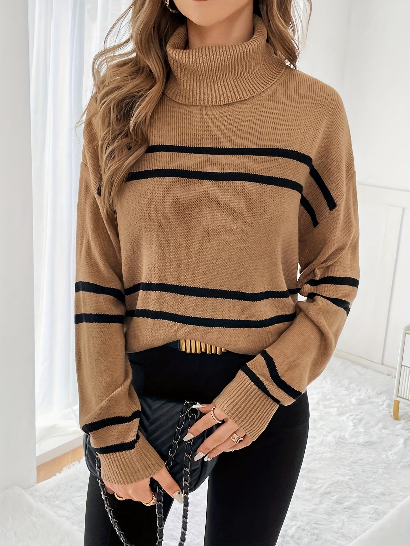 Fashionable Striped Turtleneck Sweater
