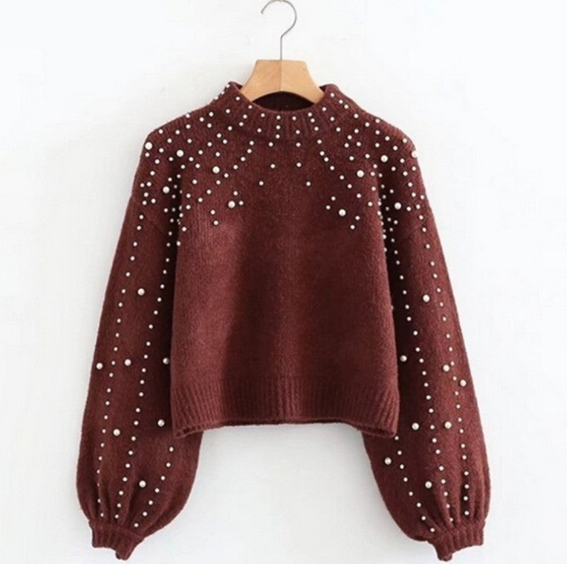 Women's Sweater Glitter Beaded Details Loose Sleeves