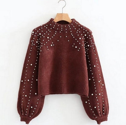 Women's Sweater Glitter Beaded Details Loose Sleeves