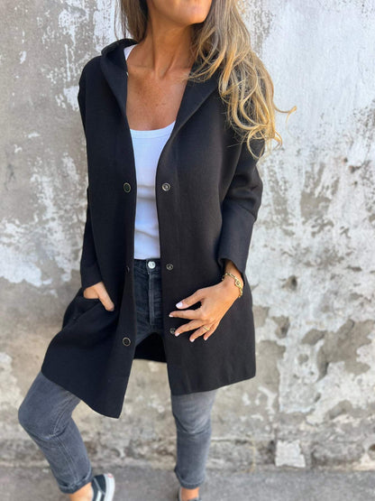 Long Wool Jacket Women Hood Button Closure Comfortable