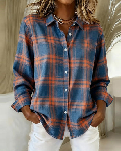 Elegant Blouse Plaid Pattern Crew Neck