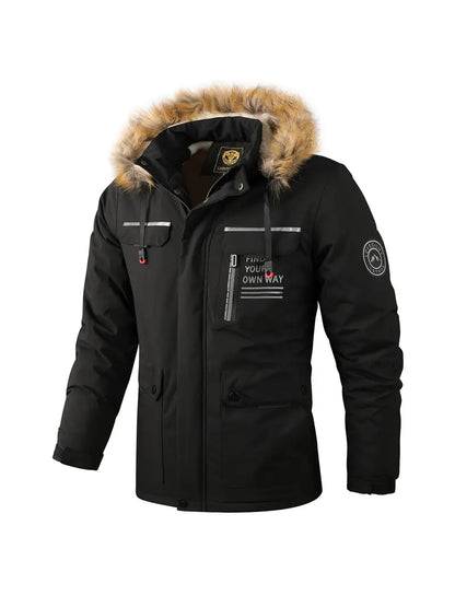 Men's Waterproof Lined Winter Jacket with Fur Hood