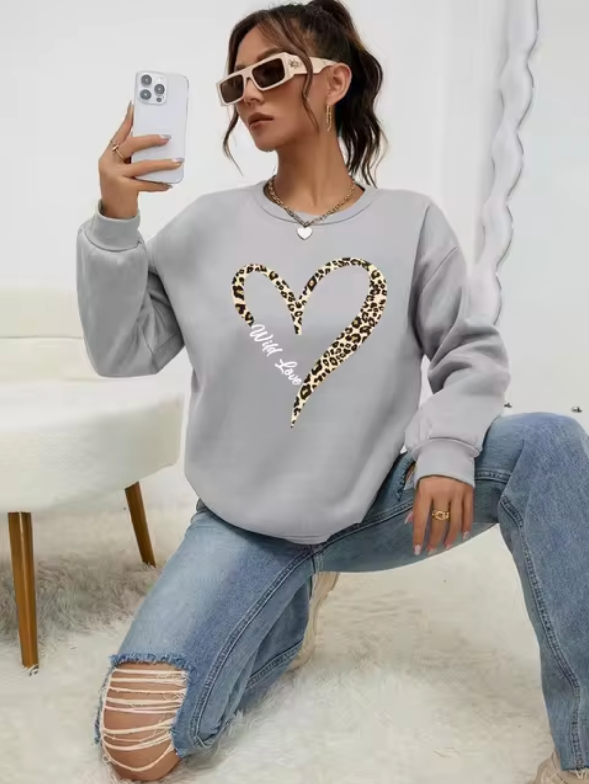 Stylish Pulli Leopard Herz Muster