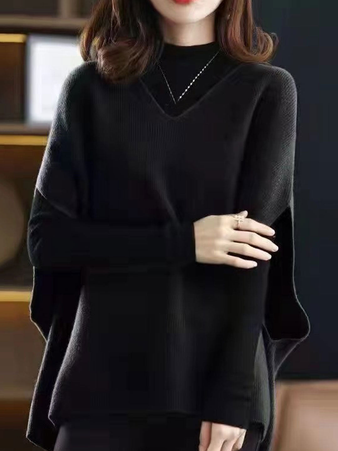 Women's V-Neck Knit Sweater Solid Color