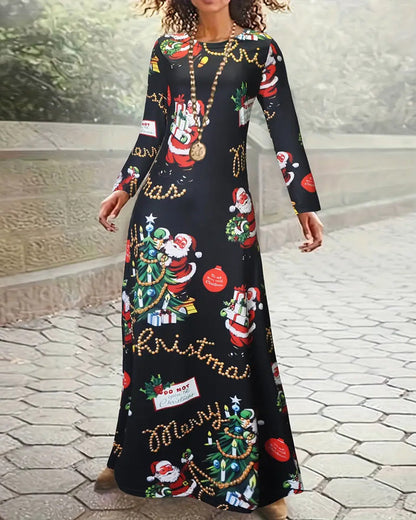 Christmas Dress Long Sleeve Elegant Printed