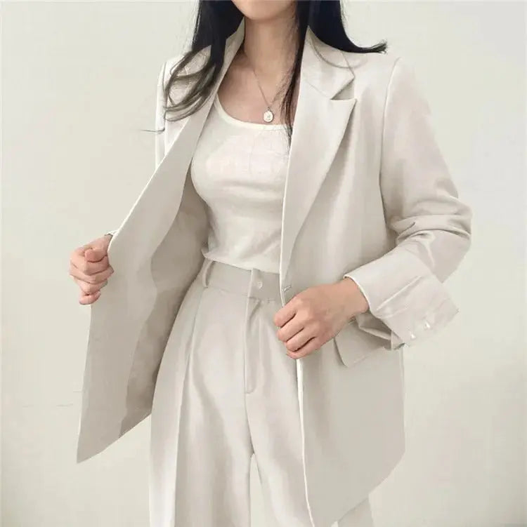 Women's Business Set - Solid Blazer & Straight-Leg Trousers