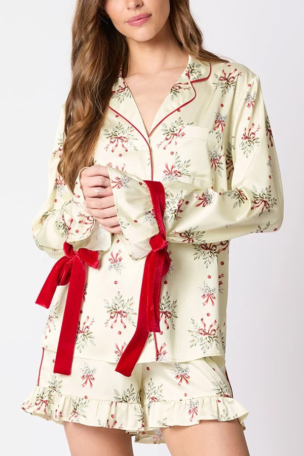 Christmas Party Set | Printed Top with Bow Tie and Ruffle Shorts