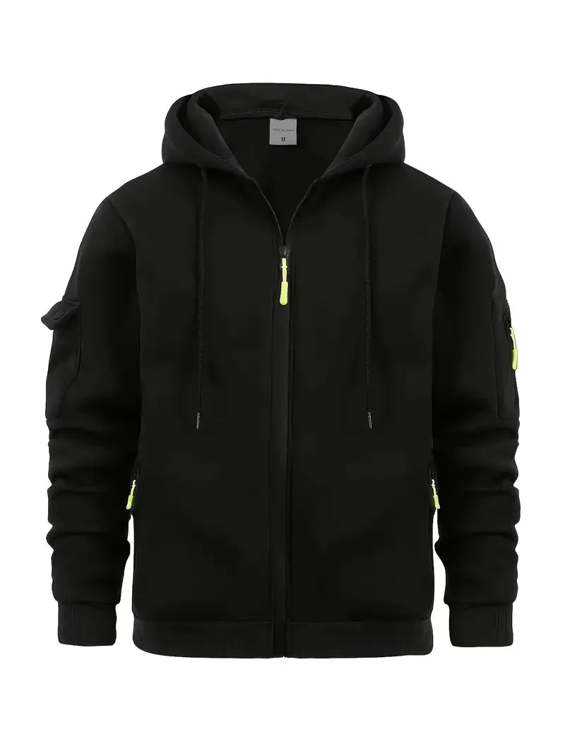 Men's Hoodie Modern Zip Pockets Black