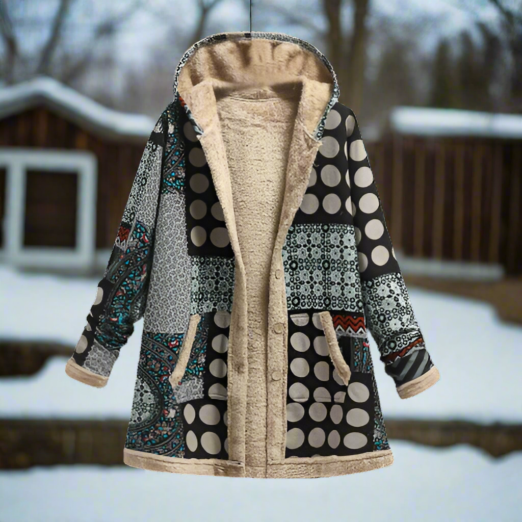 Long Fleece Coat with Hood & Buttons