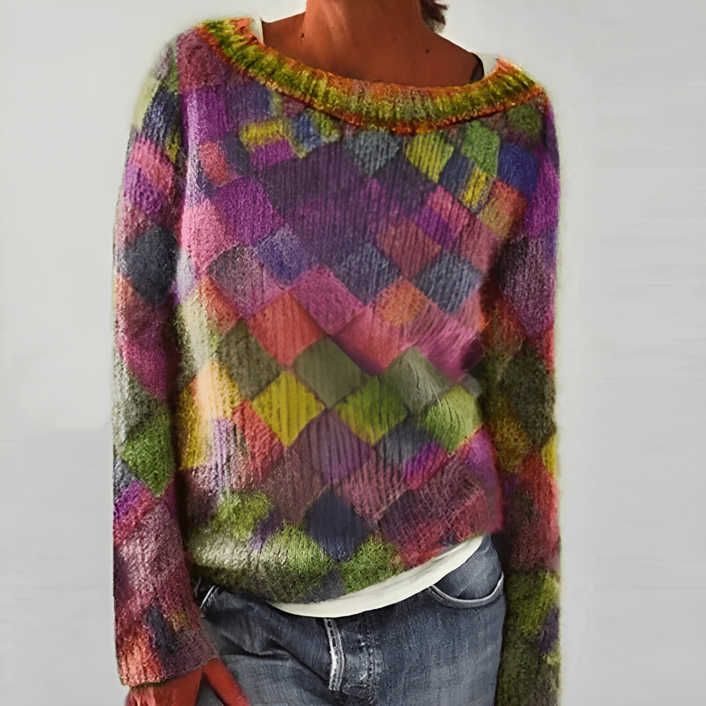 Bunte Winterpullover Frauen Patchwork Design - IdealeKleiden