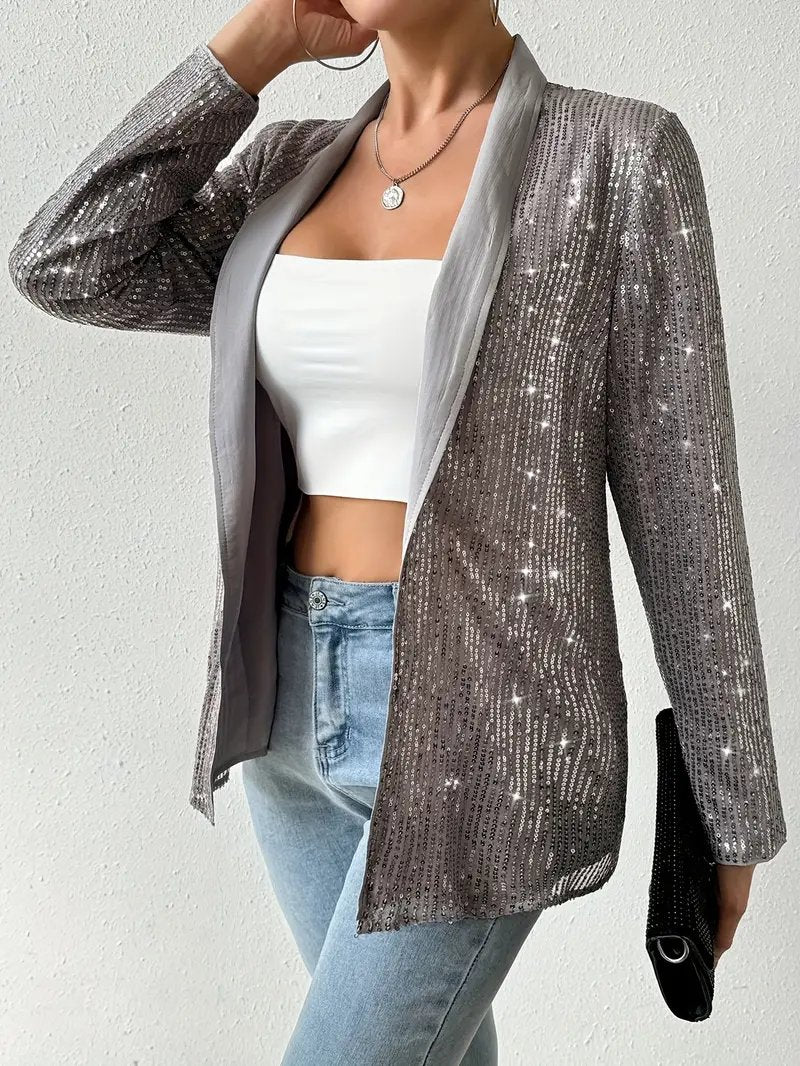 Grauer Blazer mit Glitzer Pailletten Elegant - IdealeKleiden