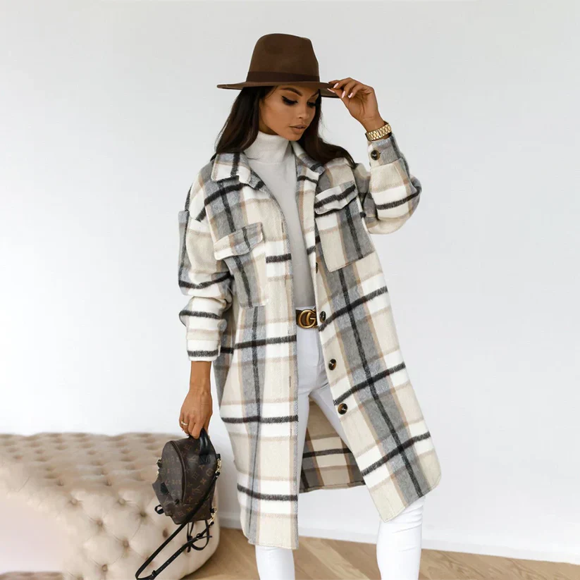 Long Women's Winter Coat Checked Style Belt