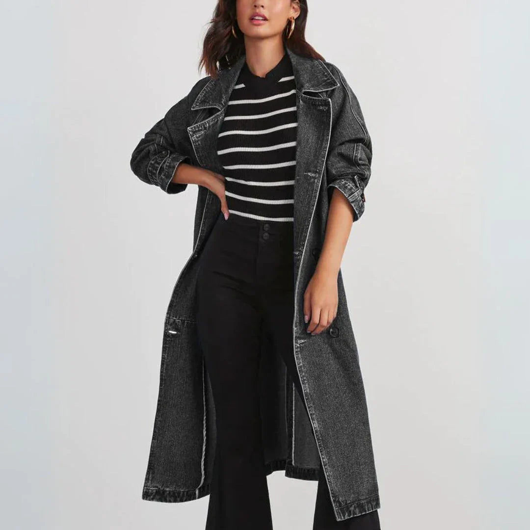 Long Coat Women Belt Buttons Elegance