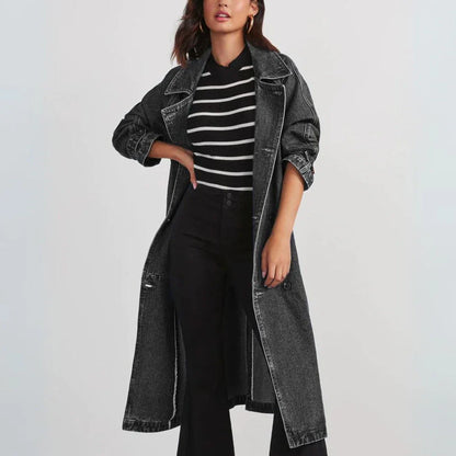 Long Coat Women Belt Buttons Elegance