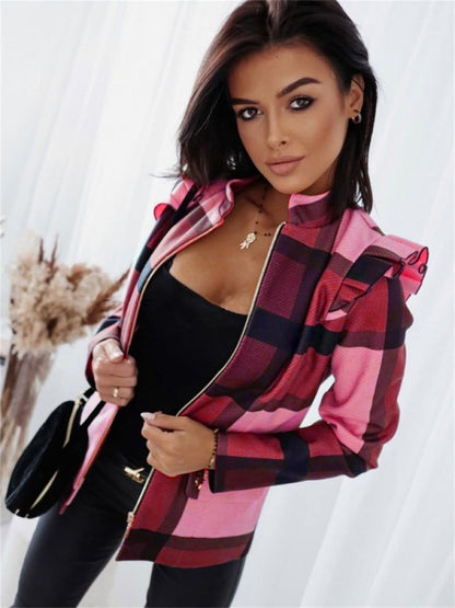 Stylish Women's Coat Plaid Pattern Zipper