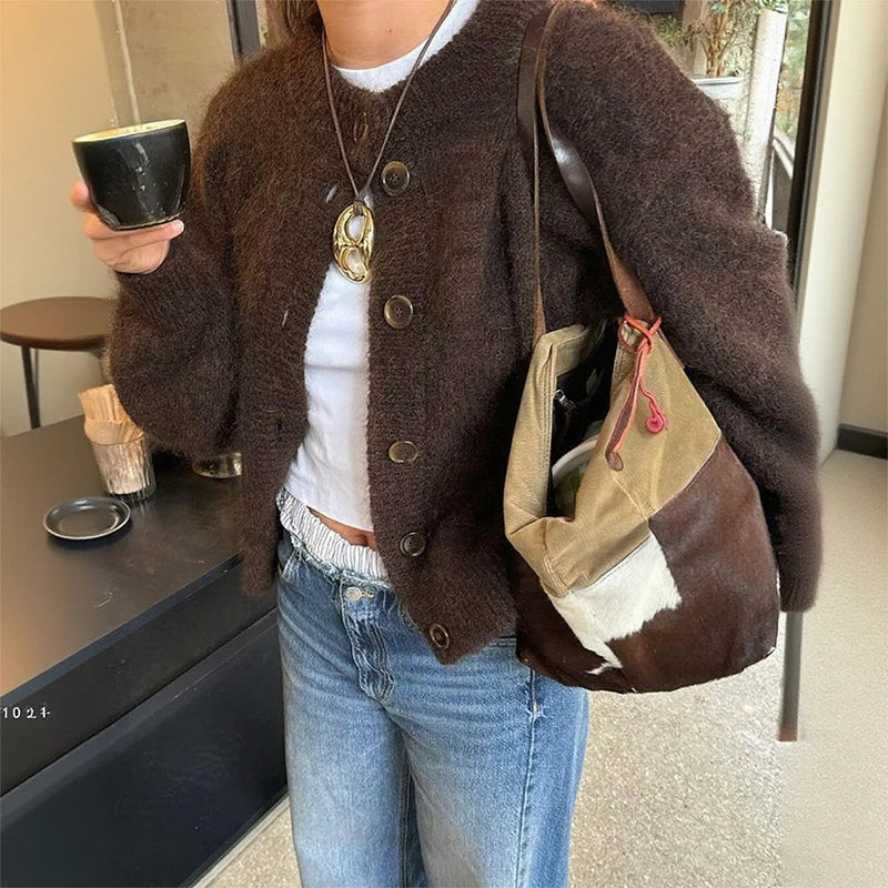 Women's Cardigan Brown Long-sleeved Buttons