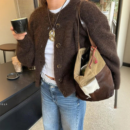 Women's Cardigan Brown Long-sleeved Buttons