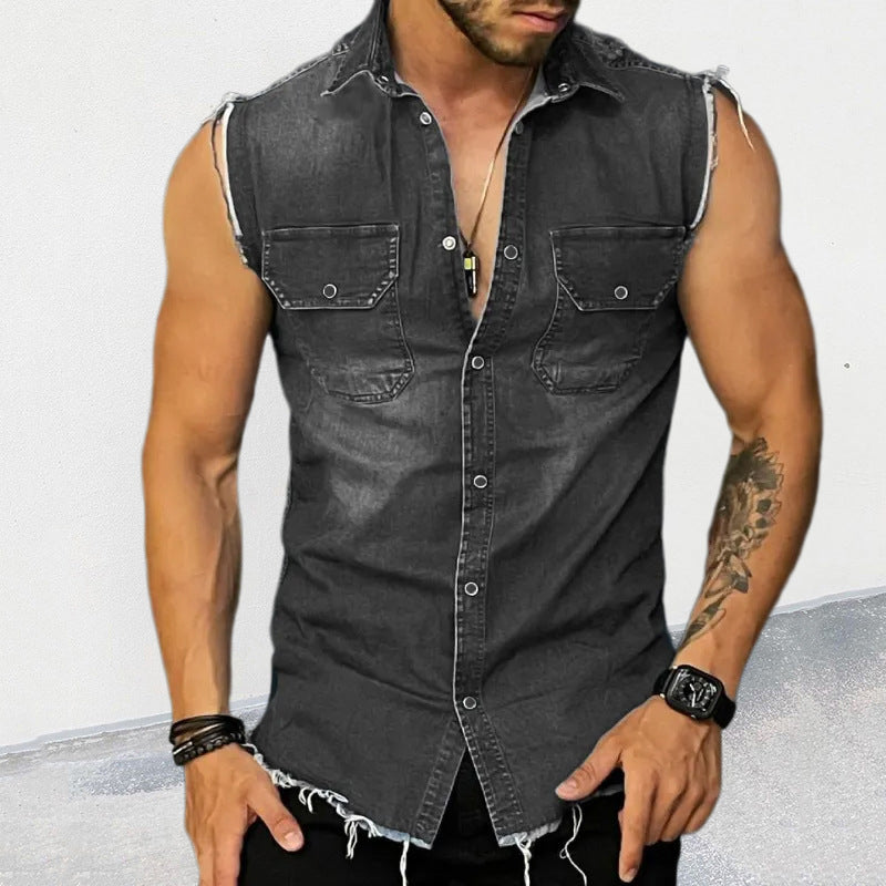Sleeveless Denim Shirt Slim Fit Men