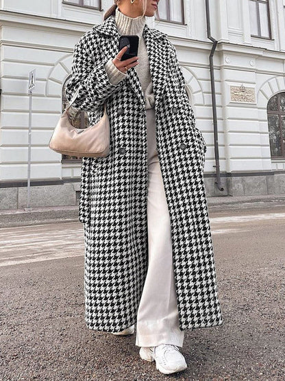Elegant Long Plus Size Winter Coat Houndstooth Design